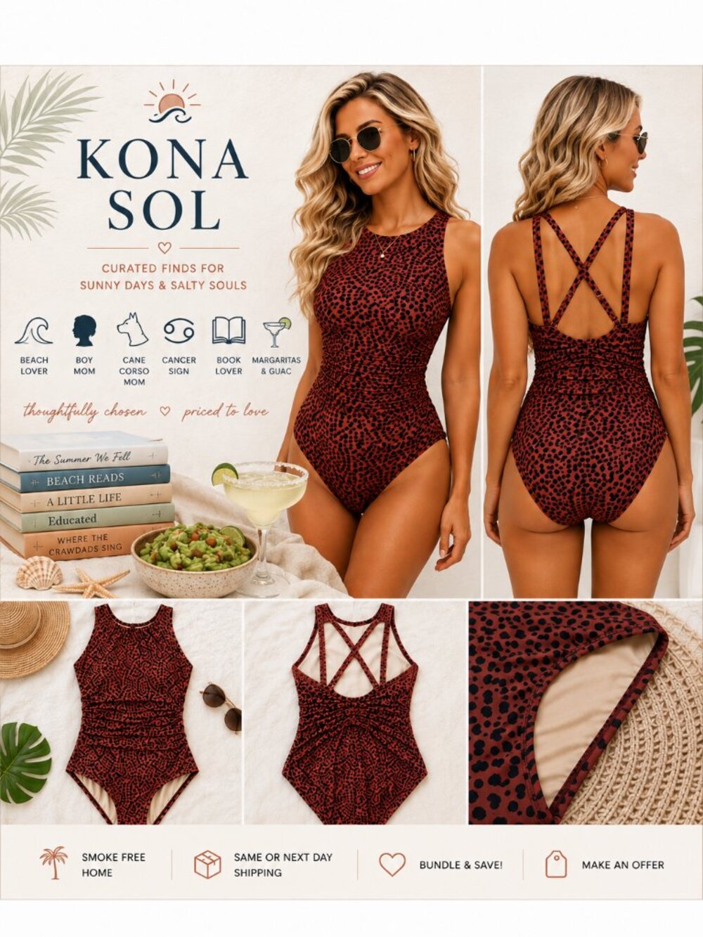 Kona Sol Spotted High Neck Ruched One Piece Swimsuit Brown M
